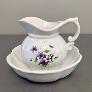 White Ceramic Floral Pitcher and Bowl Set - Purple Flower Accent